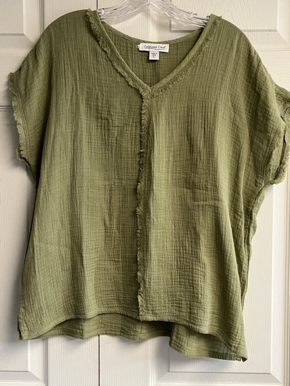 Coldwater Creek Olive Gauze V-Neck Short Sleeve Tunic Cute Raw Edge Details PL